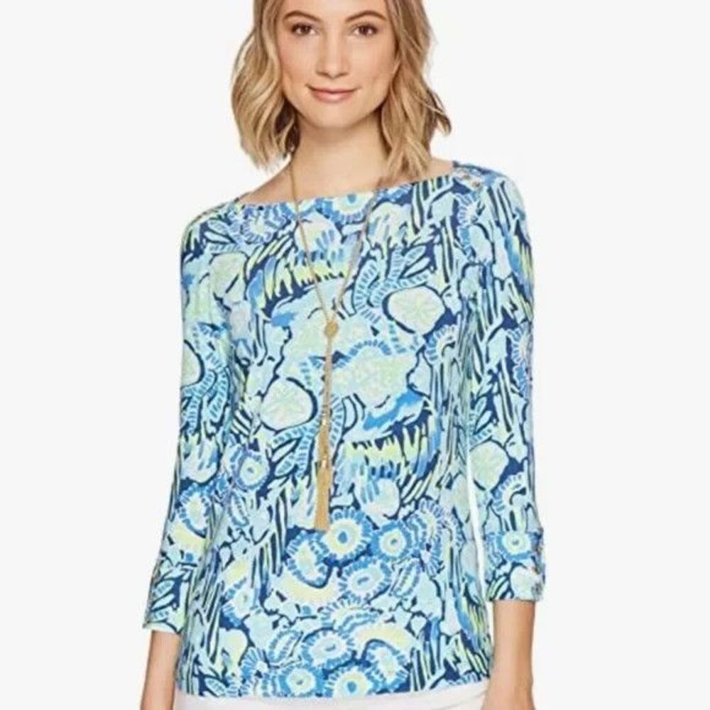 Lilly Pulitzer  Women's Alinda Top SMALL Cotton Blene Indigo Sunset Swim